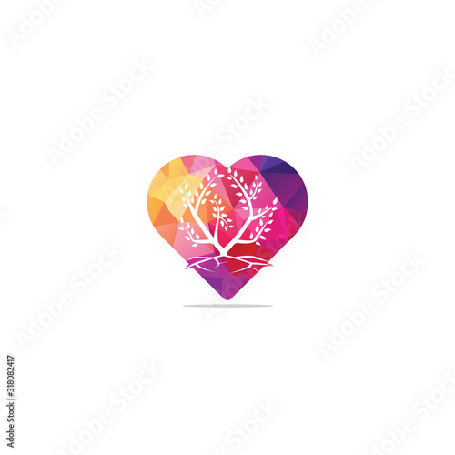 tree roots heart shape vector logo design. Tree and roots nature love vector logo design template.	