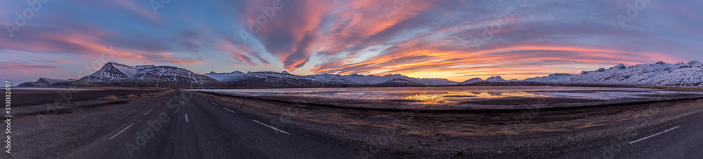 Panoramic view of Sunset on Ring Road, Iceland, Europe,