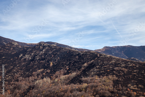 Burnt mountain highlands turned in to dust after a fire, colorful autumn colored trees and soft, blue sky