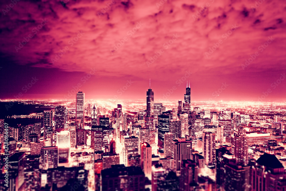 Fototapeta premium Chicago Skyline at Night With Tilt Shift