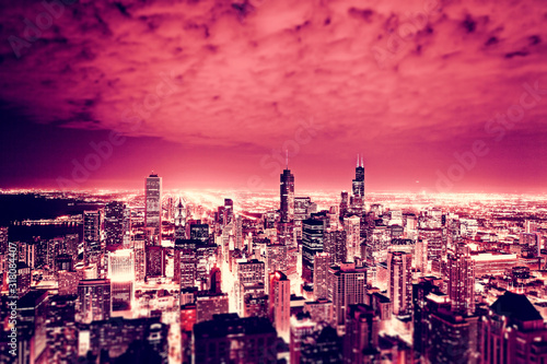 Chicago Skyline at Night With Tilt Shift