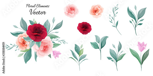 Floral arrangements of peach and burgundy rose flowers and leaves with individual elements. Romantic botanic illustration for wedding, greeting, and valentine card design vector