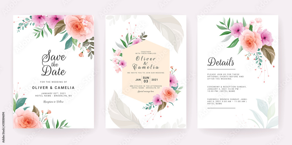 Wedding invitation card template set with rose, anemone flowers, and leaves. Elegant colorful floral decoration concept for save the date, greeting, details, etc. Botanic illustration vector Wedding invitation card template set with rose, anemone flowers, and leaves. Elegant colorful floral decoration concept for save the date, greeting, details, etc. Botanic illustration vector