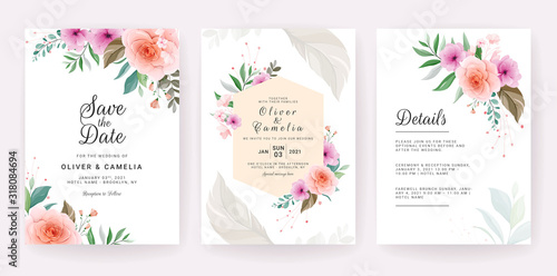 Wedding invitation card template set with rose, anemone flowers, and leaves. Elegant colorful floral decoration concept for save the date, greeting, details, etc. Botanic illustration vector