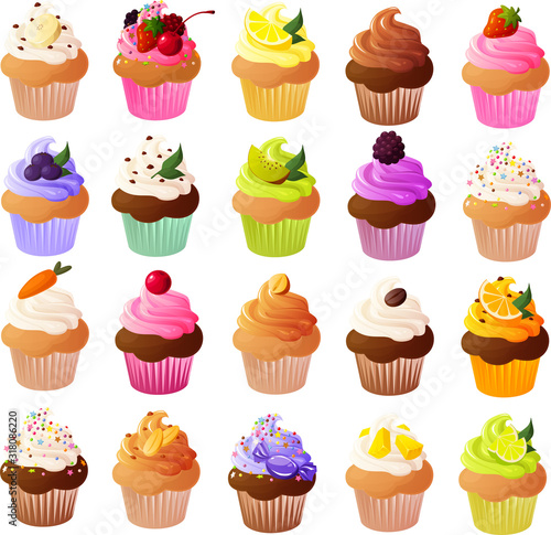 Vector illustration of pretty cup cakes with garnish isolated on white background