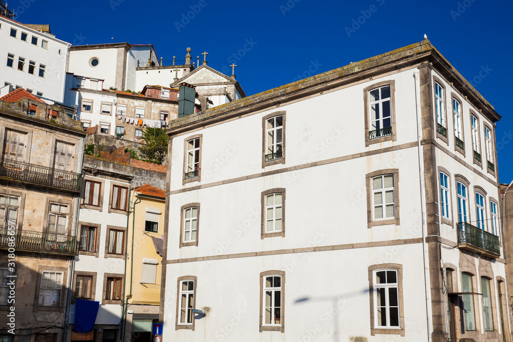 Traditional architecture of the antique buildings at old city of Porto