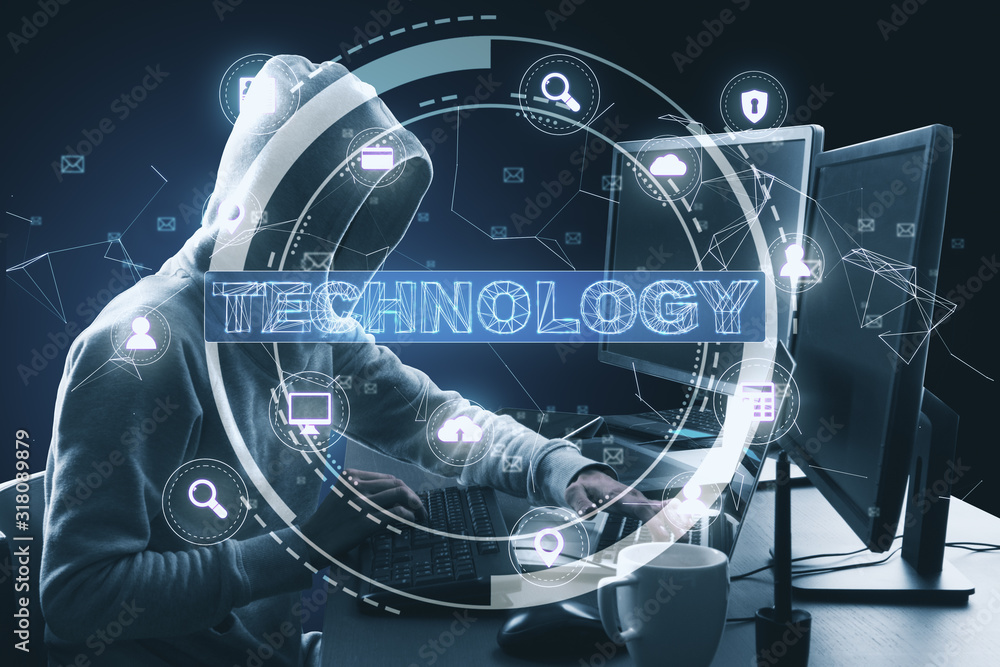 Naklejka premium Hacker working works at computer with glowing technology interface.