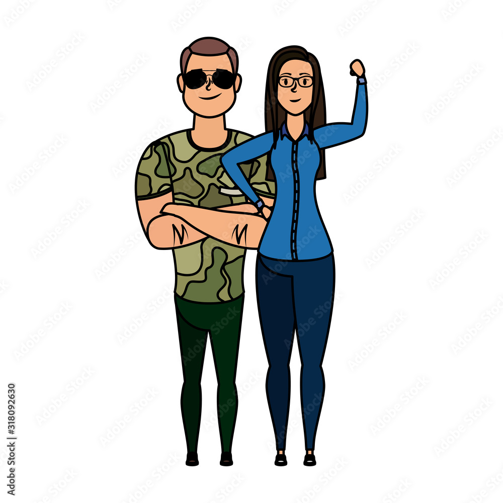 young military man with woman characters