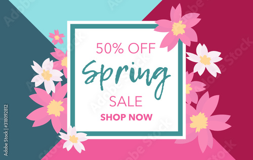 Spring sale background banner with beautiful pink and white flowers. Vector flat illustration.