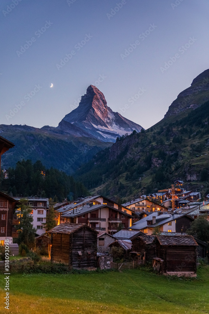 Matterhorn at Dusk and Moon Matterhorn at Dusk and Moon