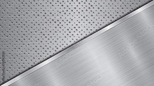 Background in silver and gray colors, consisting of a perforated metallic surface with holes and one big polished plate located in diagonal, with a metal texture, glares and shiny edge
