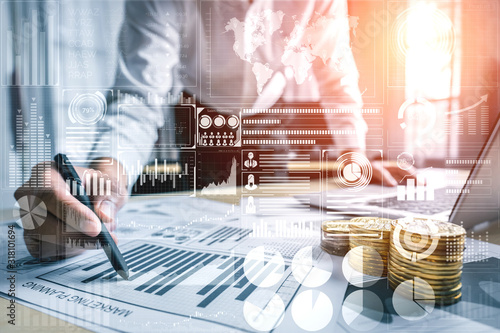 Data Analysis for Business and Finance Concept. Graphic interface showing future computer technology of profit analytic, online marketing research and information report for digital business strategy.