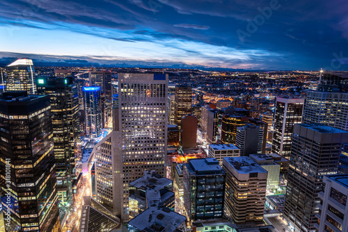 Looking down on Calgary's skyline at night.