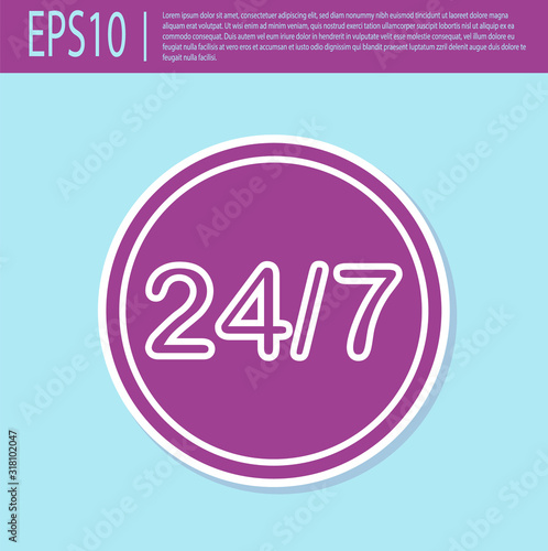 Retro purple Clock 24 hours icon isolated on turquoise background. All day cyclic icon. 24 hours service symbol. Vector Illustration