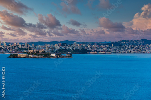 Sunrise view of San Francisco as seen from Angel Island in the bay