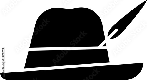 Black Oktoberfest hat icon isolated on white background. Hunter hat with feather. German hat. Vector Illustration