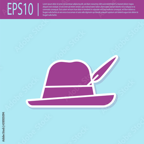Retro purple Oktoberfest hat icon isolated on turquoise background. Hunter hat with feather. German hat. Vector Illustration