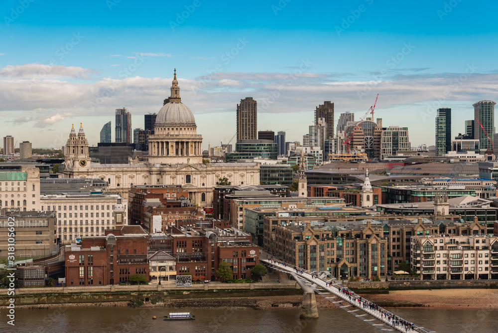 Elevated View of the City of London on  the Other Side of Thames River, With St. Paul's Cathedral Rising Above All the Other Buildings