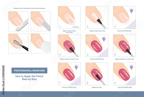 How to Apply Gel Polish Step by Step. Professional Manicure Tutorial. Vector illustration photo