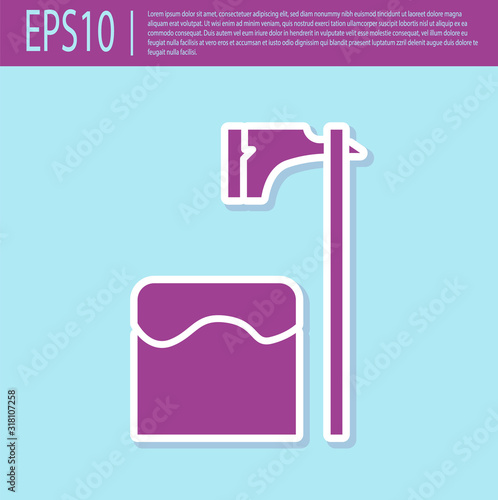 Retro purple Executioner axe in tree block icon isolated on turquoise background. Hangman, torturer, executor, tormentor, butcher, headsman. Vector Illustration