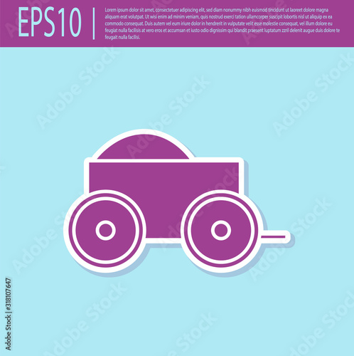 Retro purple Wooden four-wheel cart with hay icon isolated on turquoise background. Vector Illustration