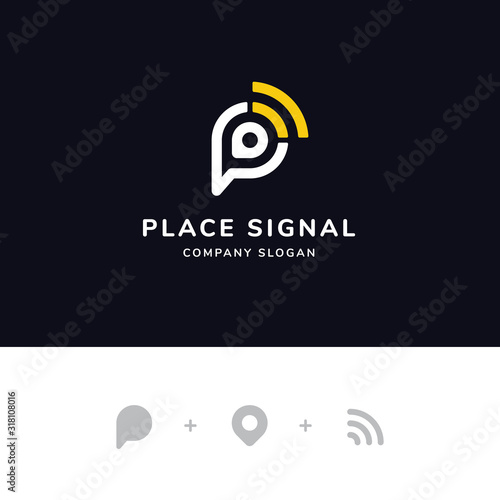 Signal logo concept with wave, pin and chat icon. Logo for radio, tv, and internet provider. premium vector