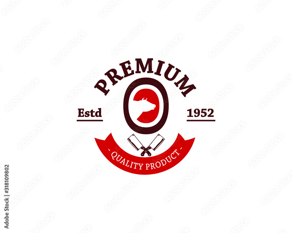 Initial Alphabet Letter  Butchery Shop Logo Design Template Cow and meat cleaver knife vector design