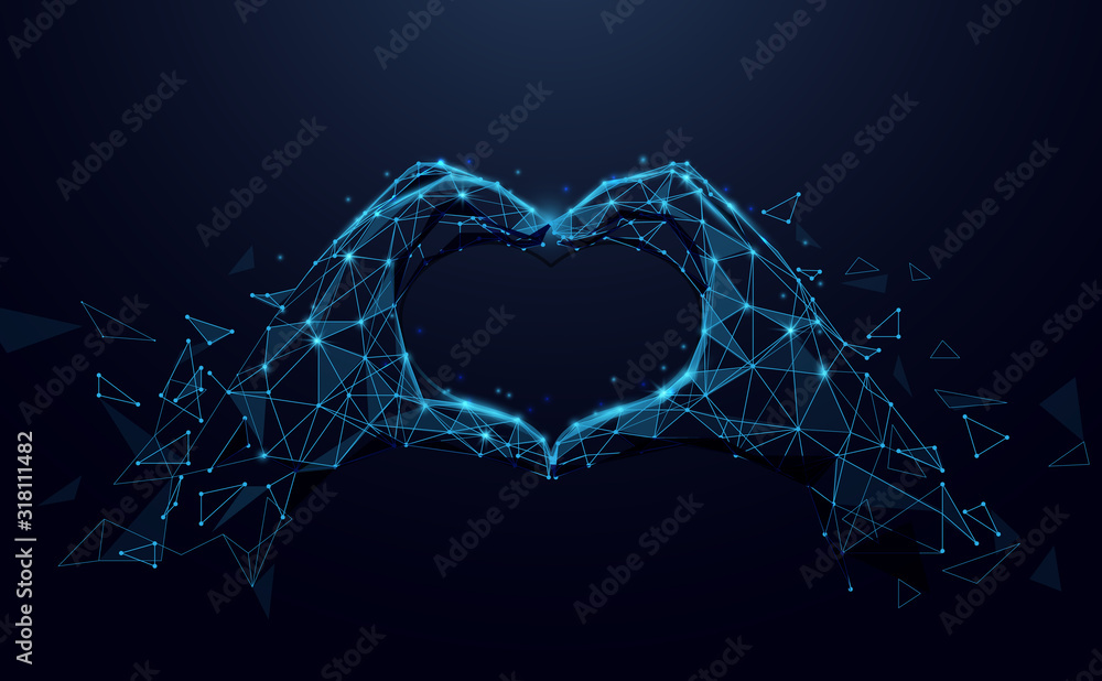 Hands making heart sign. Valentines day background. Abstract lines, triangles and particle style design. Illustration vector - obrazy, fototapety, plakaty 