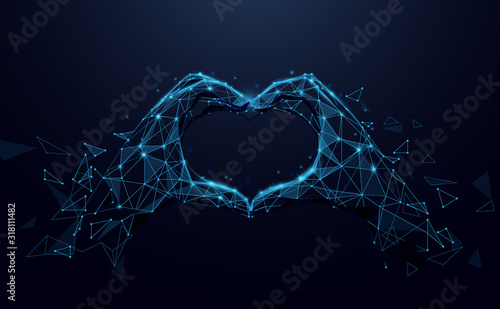 Hands making heart sign. Valentines day background. Abstract lines, triangles and particle style design. Illustration vector