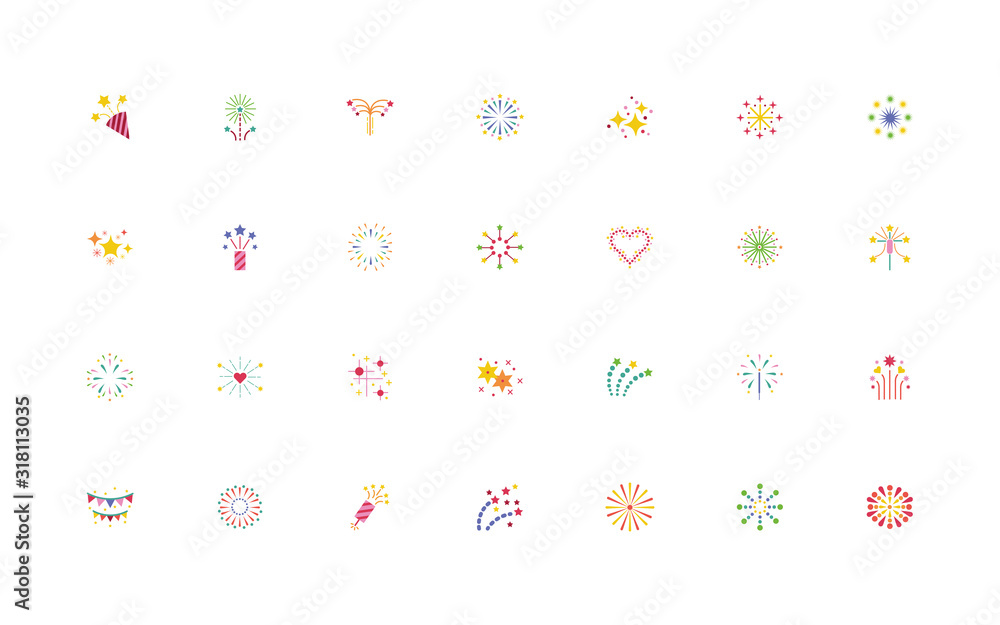 bundle of fireworks explosion splash set icons