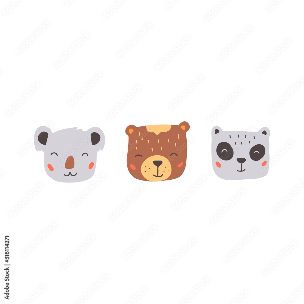 Fototapeta premium Set of cute wild bear faces, koala, grizzly, panda . Isolated vector illustration animals for baby, kids, child project design. Hand drawn cute style.