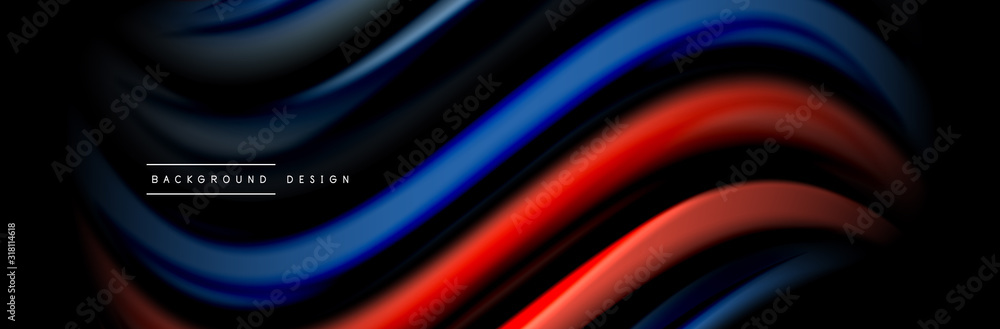 Silk and smooth flow wave poster design. Color waves, liquid style lines and shapes in black color background Silk and smooth flow wave poster design. Color waves, liquid style lines and shapes in black color background