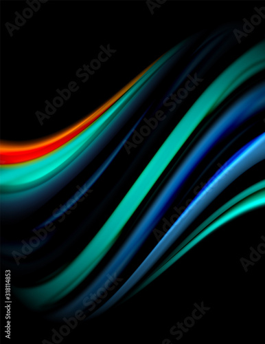 Silk smooth lines on black  liquid fluid color waves. Vector Illustration