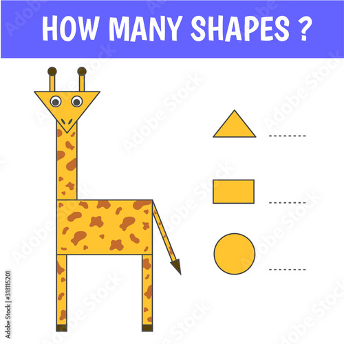 Educational game for kids. Geometrical figure giraffe. Count how many geometric shapes in the picture. Preschool worksheet activity. Vector illustration