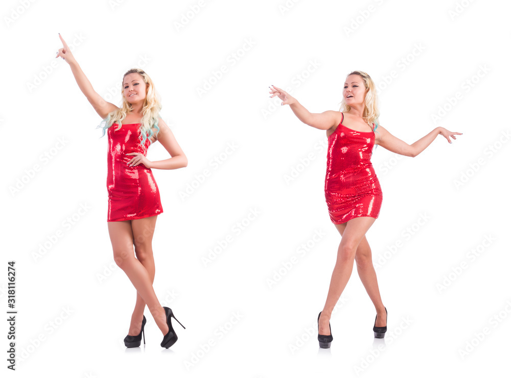 Blondie in red sparkling mini dress isolated on white Blondie in red sparkling mini dress isolated on white
