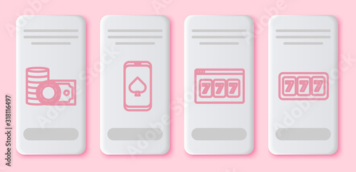 Set line Casino chips and stacks money cash, Online poker table game, Online slot machine with lucky sevens jackpot and Slot machine with lucky sevens jackpot. White rectangle button. Vector