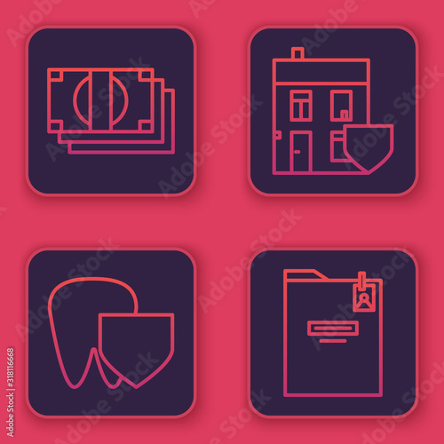 Set line Stacks paper money cash, Tooth with shield, House with shield and Personal folder. Blue square button. Vector