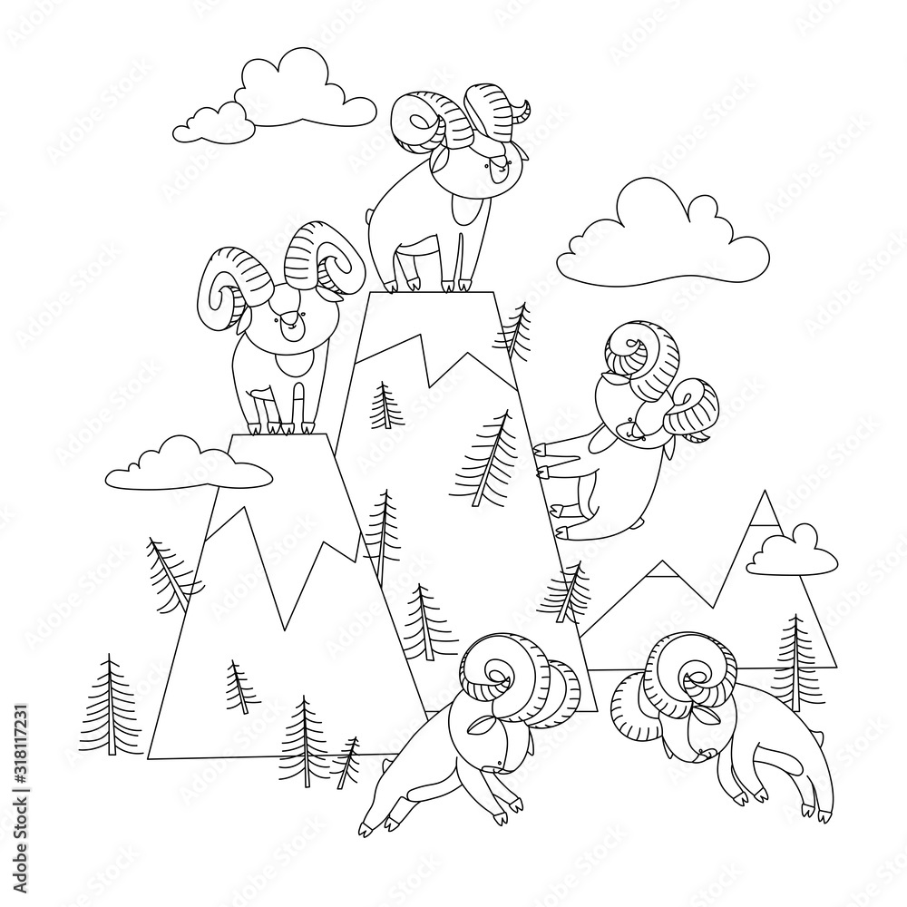 Fototapeta mountain landscape with set of young cute horned argali males who staged a tournament, vector illustration with black contour lines isolated on a white background in Scandinavian and hand drawn style