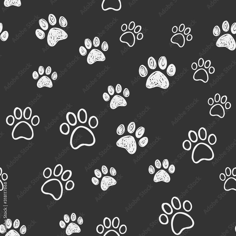Dog paw doodles seamless pattern. Doggie love background. Puppy cute footprints. Dog paw doodles seamless pattern. Doggie love background. Puppy cute footprints.