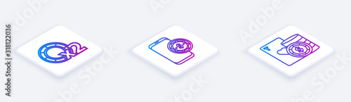 Set Isometric line Casino chips, Online poker table game and Casino chip and playing cards. White square button. Vector