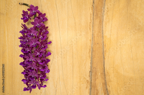 Bouquet blossom Rhynchostylis isolated on textured wooden background.