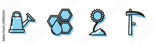 Set line Sunflower, Watering can, Honeycomb and Scythe icon. Vector