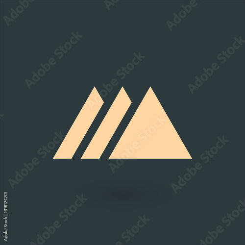 Creative blue trinity futuristic triangle symbol design for company logo. Triple Mountain Corporate tech geometric identity concept. Stock Vector illustration isolated on green background.