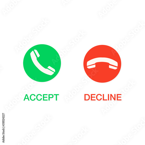 Phone call vector flat icon set with green accept or answer button and red hang up or decline button. Design for website, mobile app, etc.