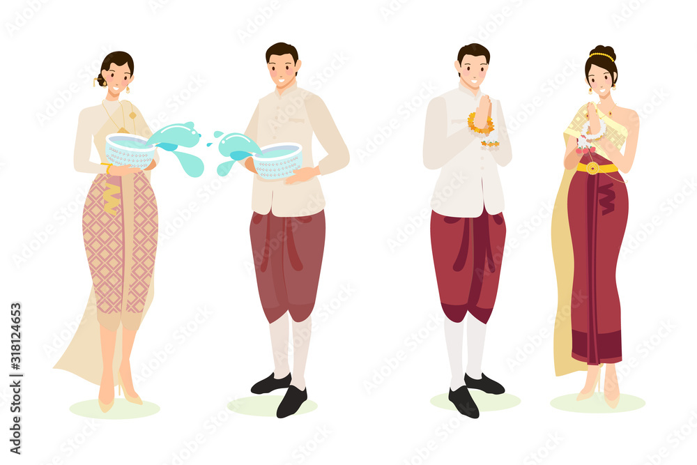 Naklejka premium cute Thai couple in traditional dress for Songkran new year festival eps10 vectors illustration