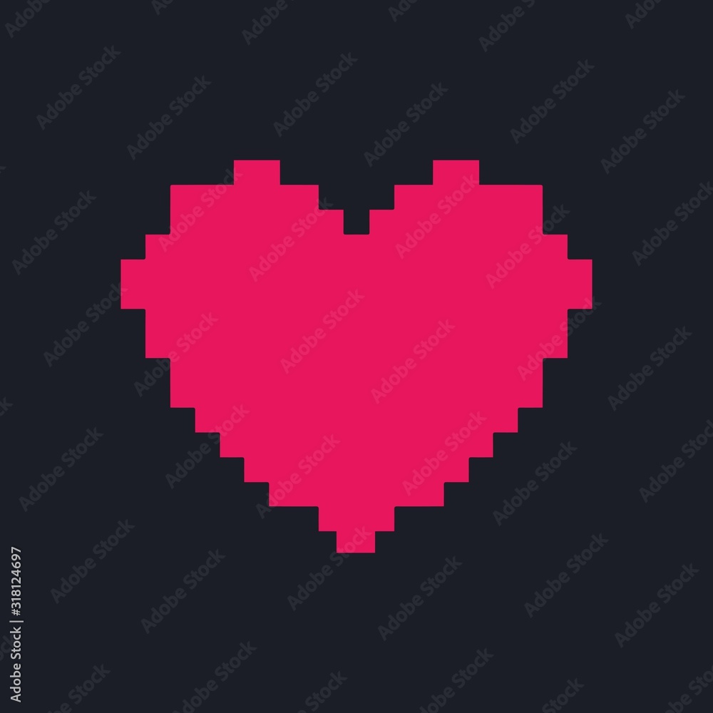 Love heart icon on pixel style. Romantic love heart isolated on minimal black background. Valentine sign symbol shape. Vector illustration.