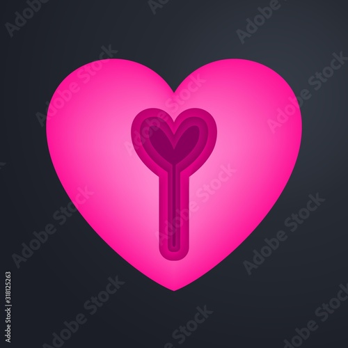 Love heart icon with key hole on paper cut style. Romantic love heart isolated on minimal black background. Valentine sign symbol shape. Vector illustration.