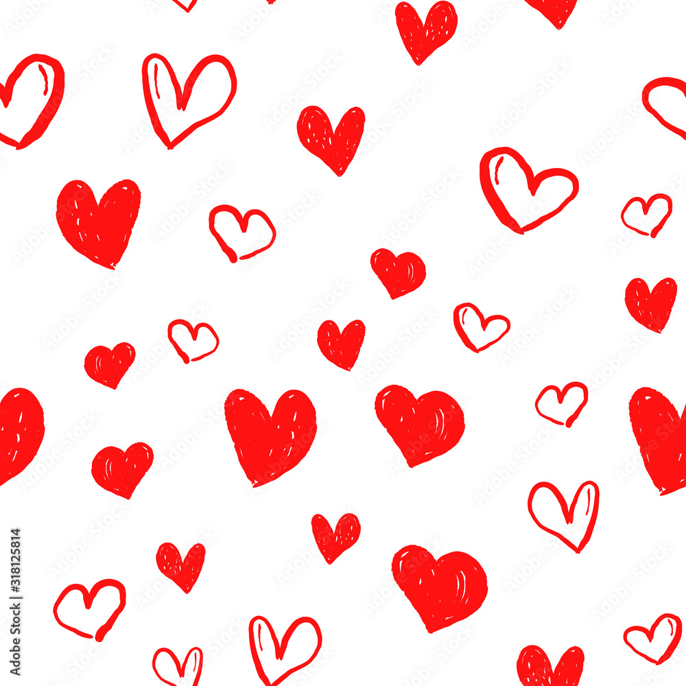 Heart doodles seamless pattern. Valentine's day texture design. Love background with hand drawn illustrated hearts.