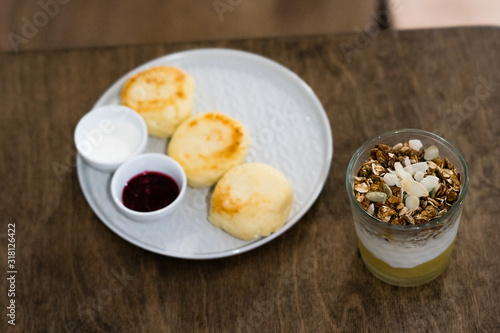 breakfast with scrambled eggs and coffee