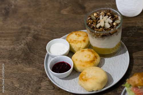 breakfast with scrambled eggs and coffee